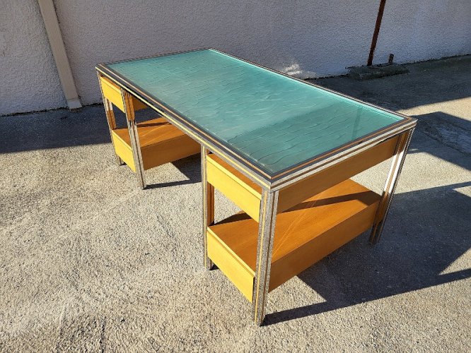 BUREAU VINTAGE DESIGN VERRE CHROME DOUBLE FACE EN HETRE