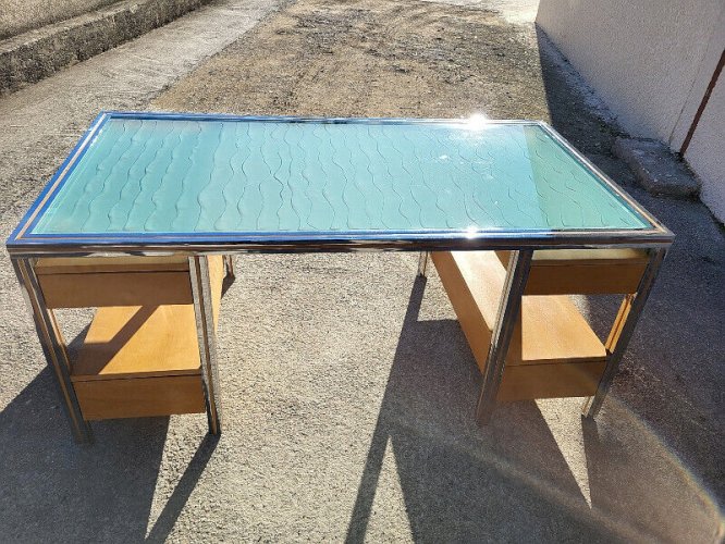 BUREAU VINTAGE DESIGN VERRE CHROME DOUBLE FACE EN HETRE
