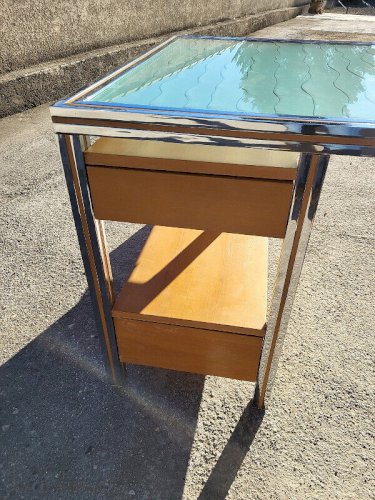 BUREAU VINTAGE DESIGN VERRE CHROME DOUBLE FACE EN HETRE