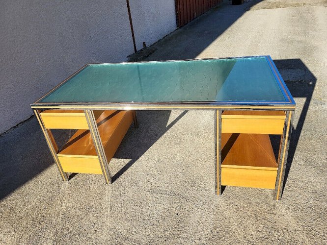 BUREAU VINTAGE DESIGN VERRE CHROME DOUBLE FACE EN HETRE