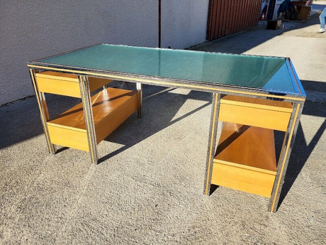 BUREAU VINTAGE DESIGN VERRE CHROME DOUBLE FACE EN HETRE