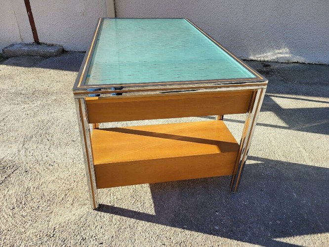 BUREAU VINTAGE DESIGN VERRE CHROME DOUBLE FACE EN HETRE