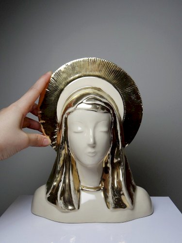 Buste Vierge auréolée céramique émaillée artisanat vintage/ancien