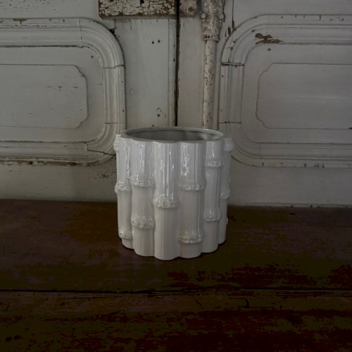 Cache-pot à décor de bambou en céramique blanche 1970 Portugal M3623
