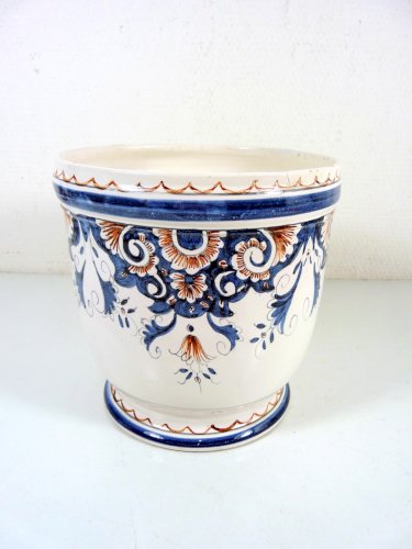 Cache pot faïence Rouen décor fait main, H - 18,3 cm