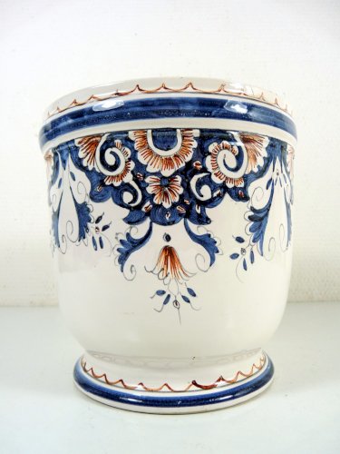 Cache pot faïence Rouen décor fait main, H - 18,3 cm