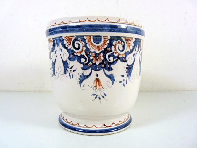 Cache pot faïence Rouen décor fait main, H - 18,3 cm