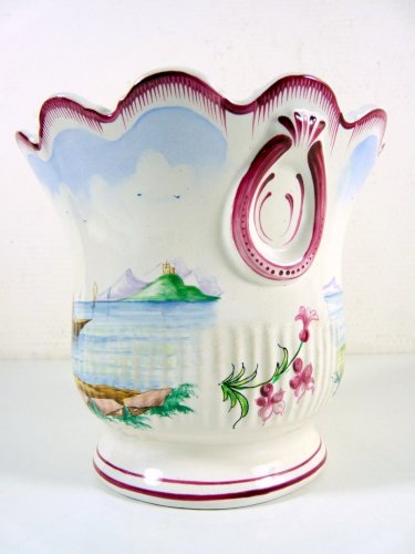 Cache pot faïence Veuve Perrin décor marin animé, signé, H - 14 cm