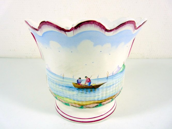 Cache pot faïence Veuve Perrin décor marin animé, signé, H - 14 cm