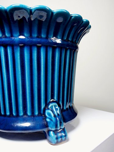 Cache pot vintage années 60-80 faïence glacée turquoise Charolles