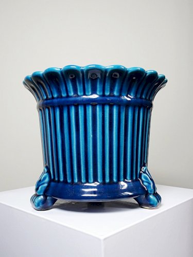 Cache pot vintage années 60-80 faïence glacée turquoise Charolles