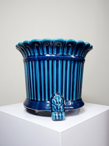 Cache pot vintage années 60-80 faïence glacée turquoise Charolles