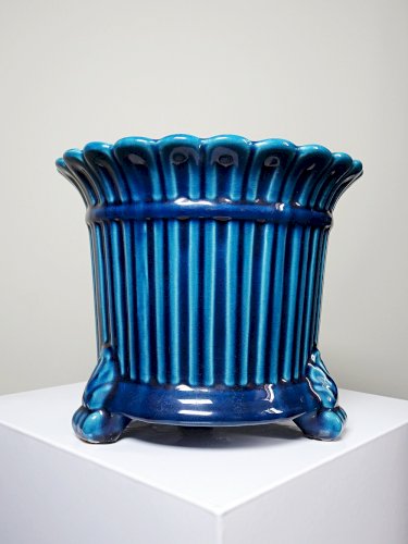 Cache pot vintage années 60-80 faïence glacée turquoise Charolles