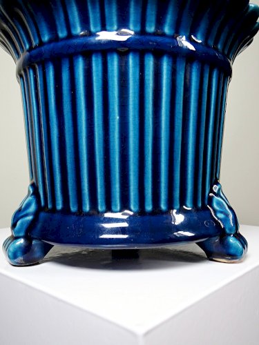 Cache pot vintage années 60-80 faïence glacée turquoise Charolles
