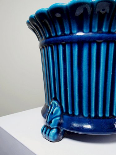 Cache pot vintage années 60-80 faïence glacée turquoise Charolles