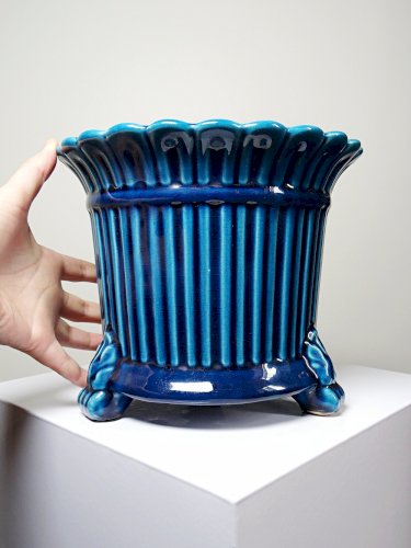 Cache pot vintage années 60-80 faïence glacée turquoise Charolles