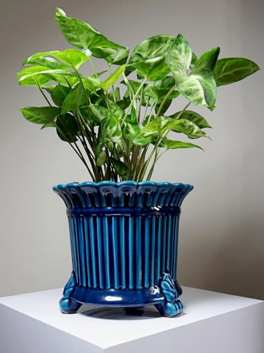 Cache pot vintage années 60-80 faïence glacée turquoise Charolles