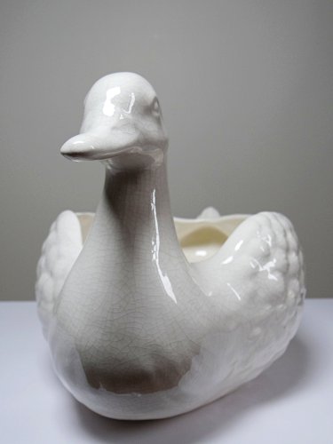 Cache pot/Coupe canard en faïence craquelée beige vintage
