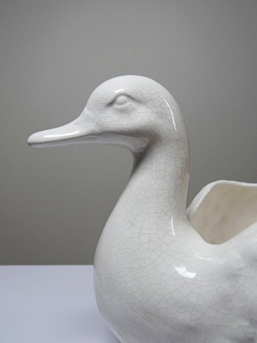 Cache pot/Coupe canard en faïence craquelée beige vintage