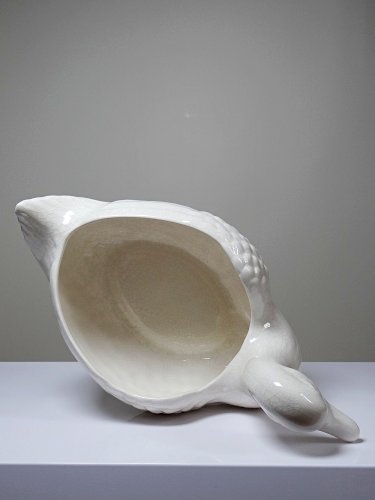 Cache pot/Coupe canard en faïence craquelée beige vintage