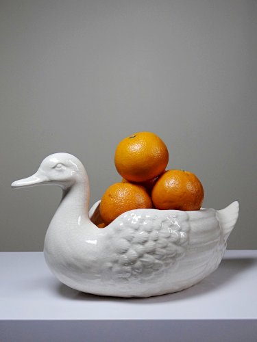 Cache pot/Coupe canard en faïence craquelée beige vintage
