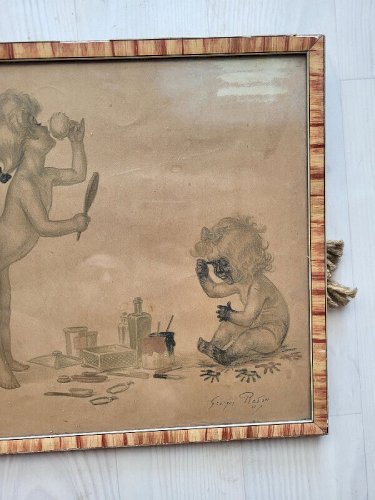 CADRE DESSIN GEORGES REDON DESSIN HUMORISTQUE FARDS PARFUMS ET POUDRE ENFANTS