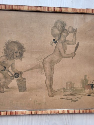 CADRE DESSIN GEORGES REDON DESSIN HUMORISTQUE FARDS PARFUMS ET POUDRE ENFANTS