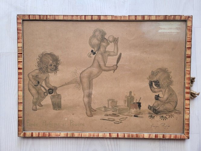 CADRE DESSIN GEORGES REDON DESSIN HUMORISTQUE FARDS PARFUMS ET POUDRE ENFANTS