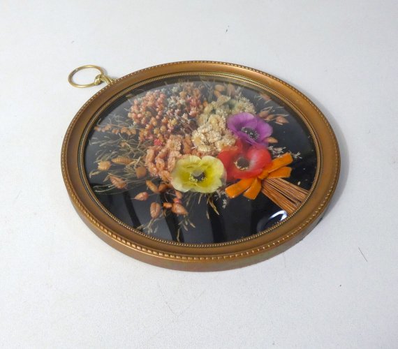 Cadre en verre bombé fleurs séchées vintage
