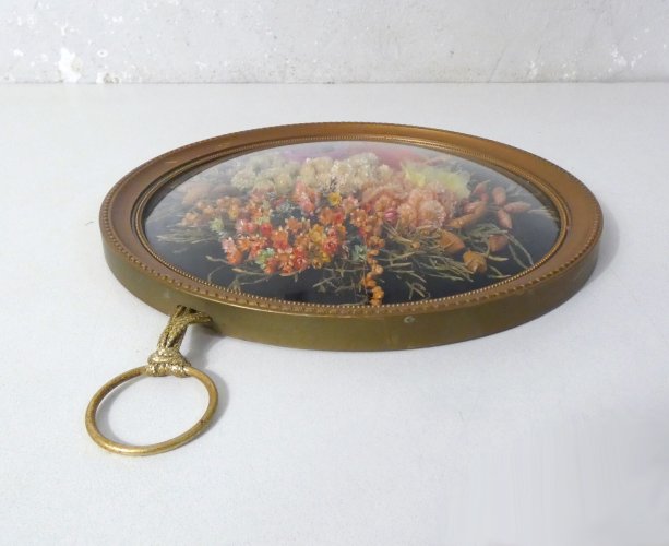 Cadre en verre bombé fleurs séchées vintage