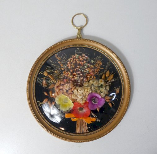 Cadre en verre bombé fleurs séchées vintage