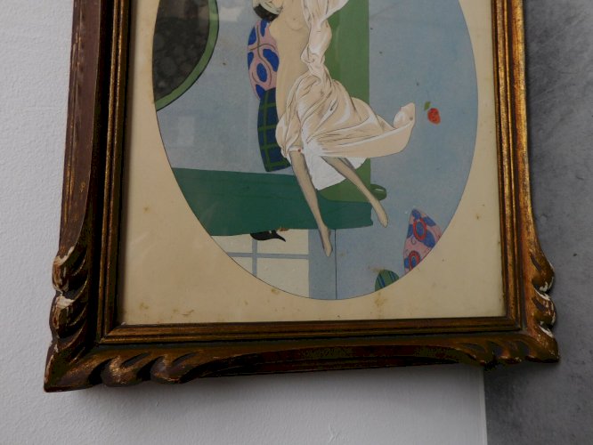 CADRE ESTAMPE TIRAGE POCHOIR ETTORE TITO ART DECOR ARLEQUIN ET MARQUISETTE