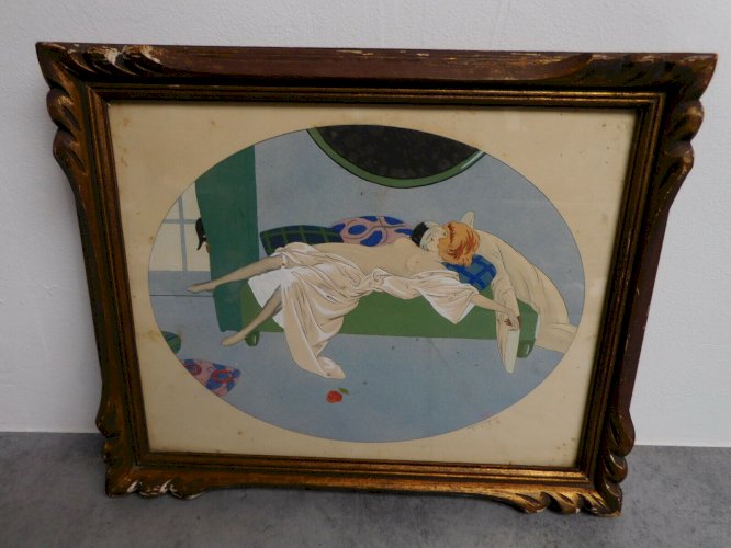 CADRE ESTAMPE TIRAGE POCHOIR ETTORE TITO ART DECOR ARLEQUIN ET MARQUISETTE
