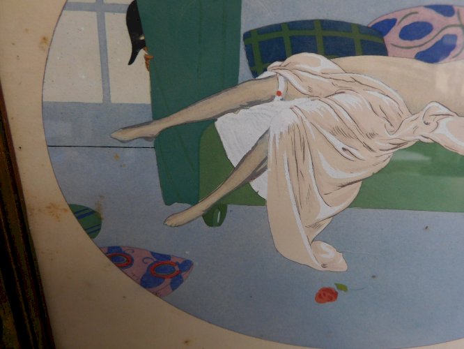 CADRE ESTAMPE TIRAGE POCHOIR ETTORE TITO ART DECOR ARLEQUIN ET MARQUISETTE