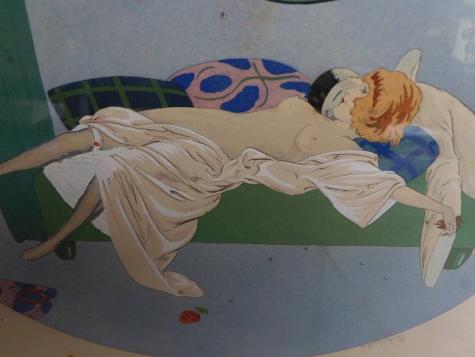 CADRE ESTAMPE TIRAGE POCHOIR ETTORE TITO ART DECOR ARLEQUIN ET MARQUISETTE