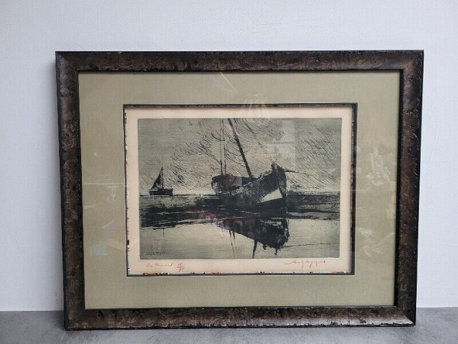CADRE GRAVURE BATEAU 35/75 SIGNEE MAIS A IDENTIFIER