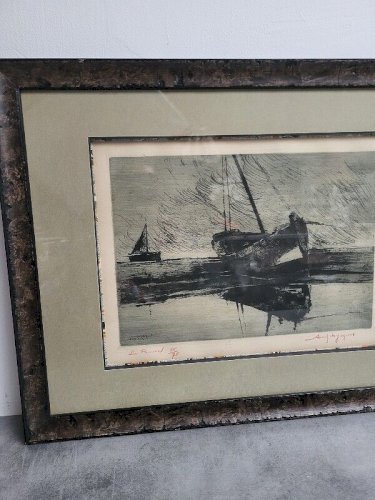 CADRE GRAVURE BATEAU 35/75 SIGNEE MAIS A IDENTIFIER