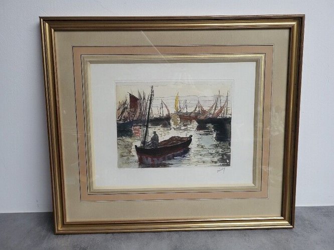 CADRE GRAVURE SIGNEE VANLOY 126/350 BATEAU