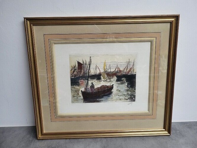CADRE GRAVURE SIGNEE VANLOY 126/350 BATEAU