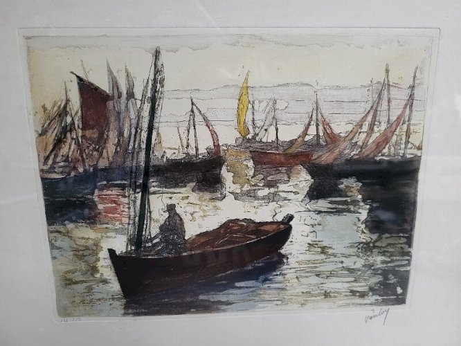 CADRE GRAVURE SIGNEE VANLOY 126/350 BATEAU