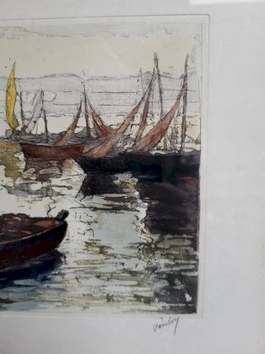 CADRE GRAVURE SIGNEE VANLOY 126/350 BATEAU