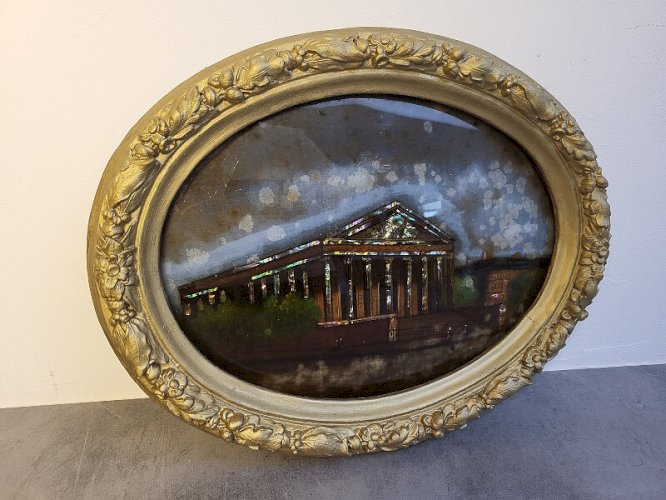CADRE MEDAILLON BOMBE FIXE SUR VERRE LA MADELEINE DU XIX ème SIECLE