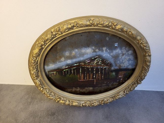 CADRE MEDAILLON BOMBE FIXE SUR VERRE LA MADELEINE DU XIX ème SIECLE