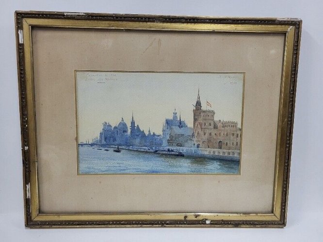 CADRE TABLEAU AQUARELLE PALAIS DES NATIONS RILLS EXPOSITION DE 1900