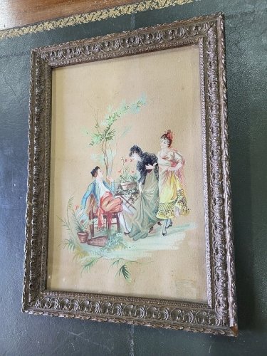 CADRE TABLEAU AQUARELLE SCENE ROMANTIQUE