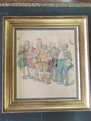 CADRE TABLEAU AQUARELLE SIGNE JOB SIMRBIUY 22 JUIN 1901