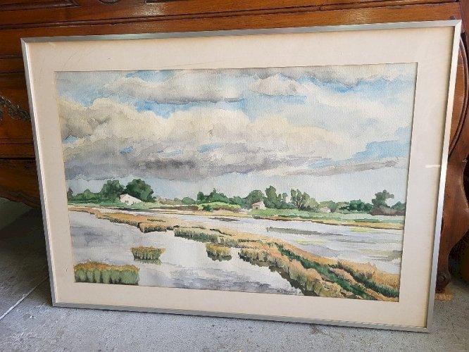 CADRE TABLEAU AQUARELLE SIGNE MJ TORCHET 1976