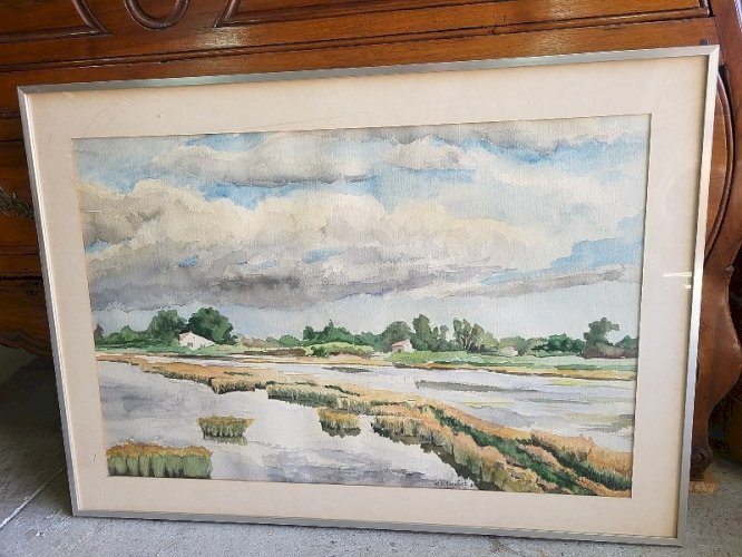 CADRE TABLEAU AQUARELLE SIGNE MJ TORCHET 1976