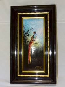 FRAME PICTURE EMAIL Signed JEAN GRANGER LIMOGES PARADISE BIRD DECOR XXth D