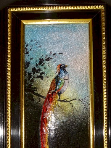 - CADRE TABLEAU EMAIL Signé JEAN GRANGER LIMOGES OISEAU de PARADIS DECO XXe  D